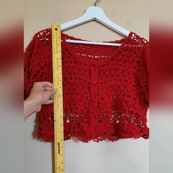 Vintage Red Crochet Blouse Floral Possibly Handmade, No Tags, Button Front - Picture 2 of 6